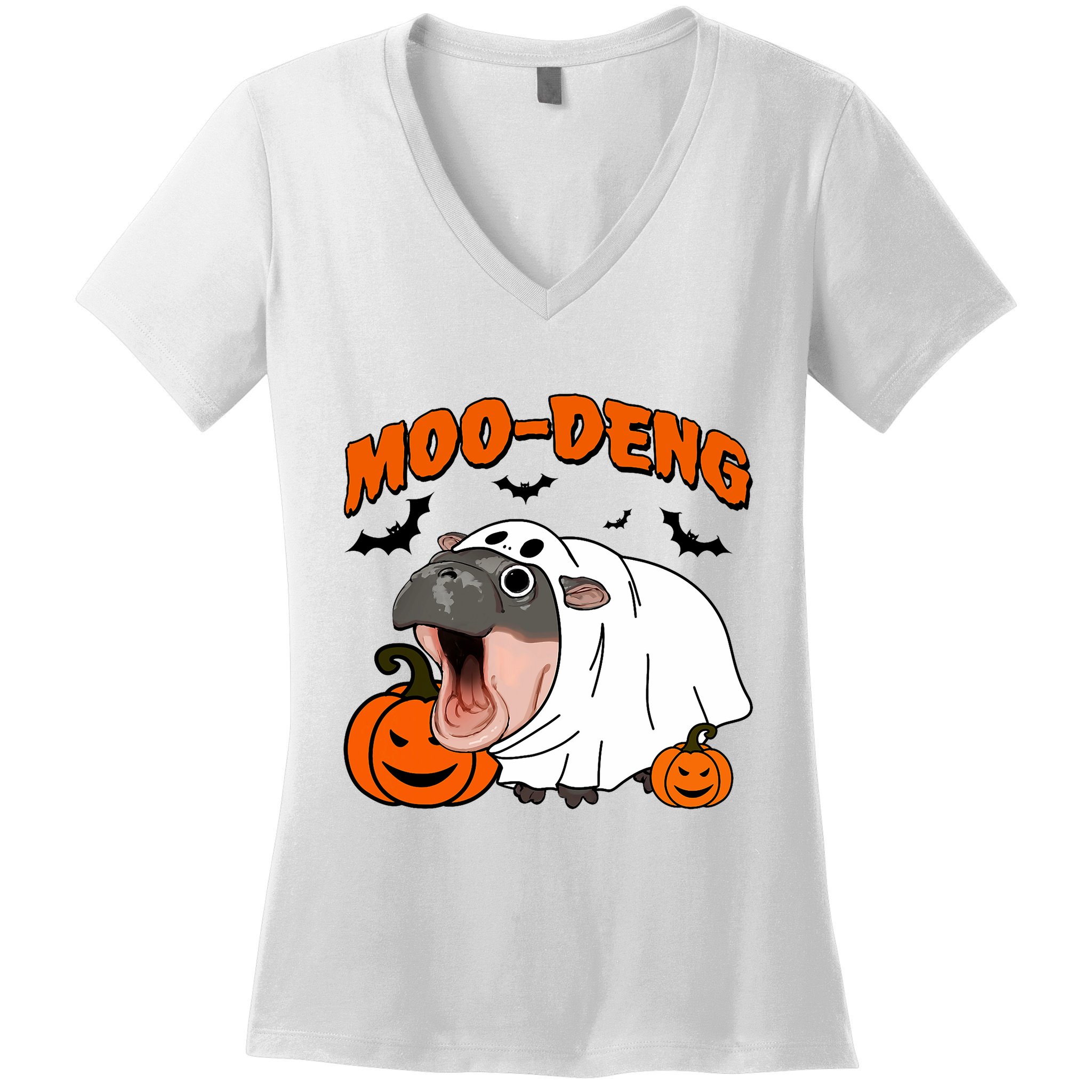 Funny Moo Deng Halloween Boo Ghost Costume Moo Deng Lover Women's V-Neck T-Shirt
