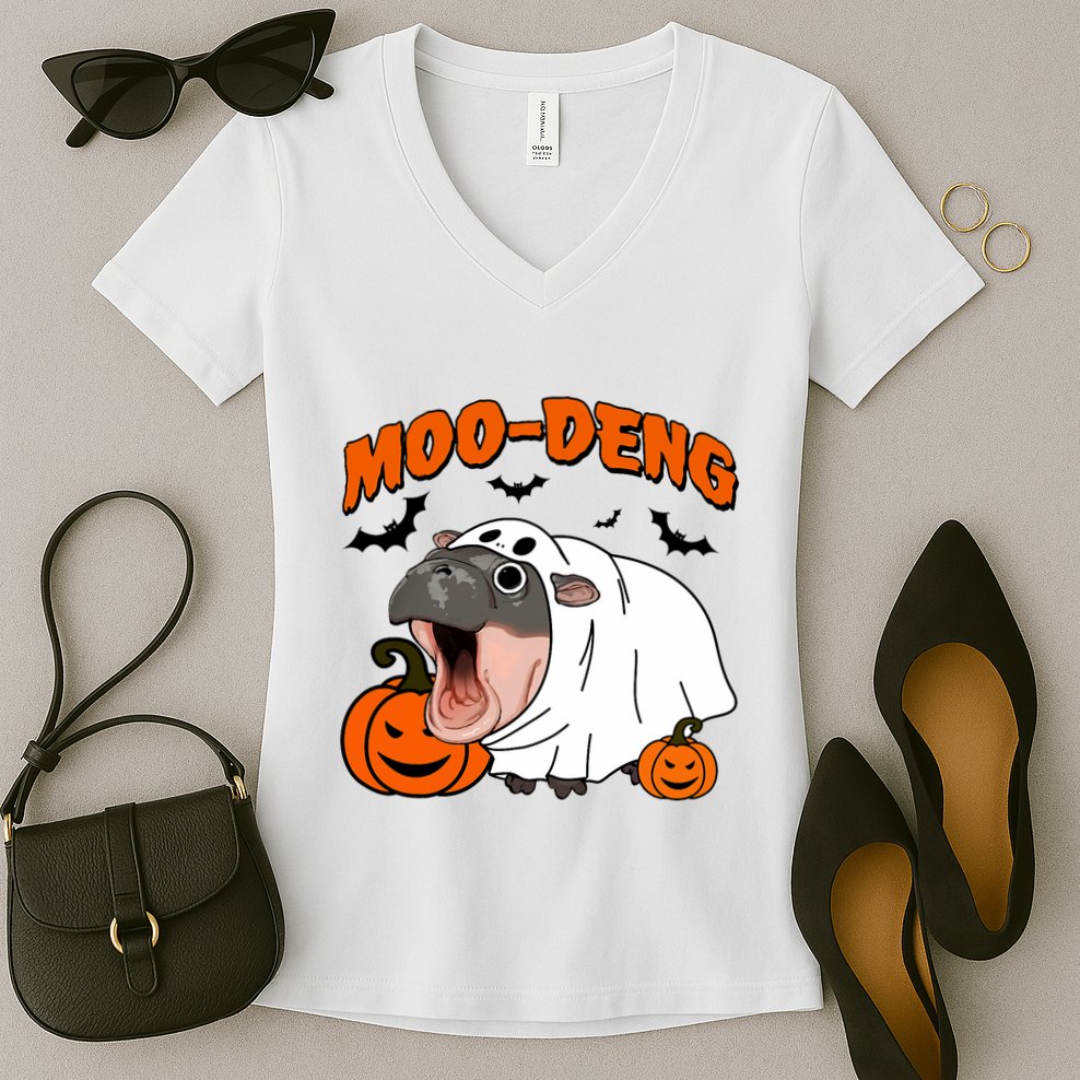 Funny Moo Deng Halloween Boo Ghost Costume Moo Deng Lover Women's V-Neck T-Shirt