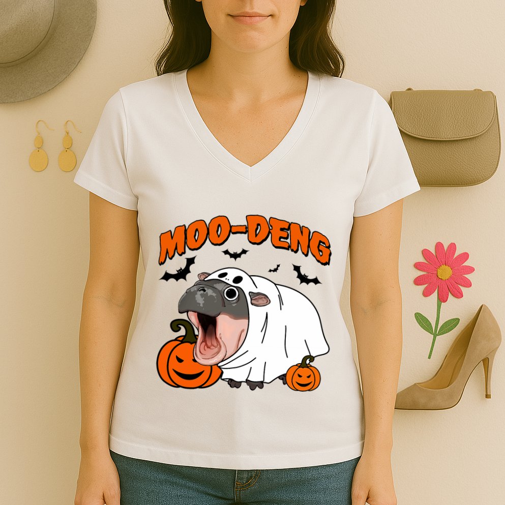 Funny Moo Deng Halloween Boo Ghost Costume Moo Deng Lover Women's V-Neck T-Shirt