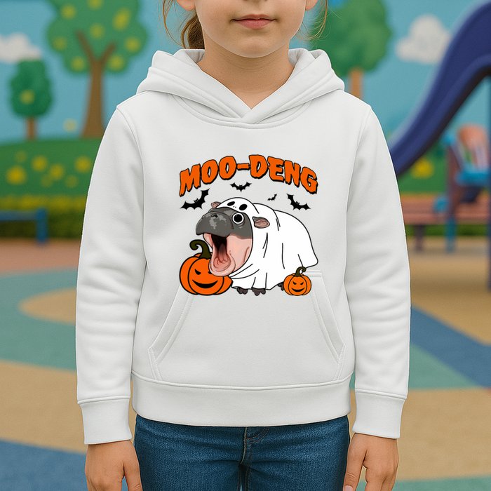 Funny Moo Deng Halloween Boo Ghost Costume Moo Deng Lover Kids Hoodie