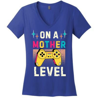 Funny Mothers Day Gamer Mom Gaming On A Mother Level Up Game Gift Women's V-Neck T-Shirt