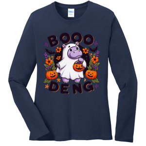 Funny Moo Deng Cute Baby Pygmy Hippo Pig Thai Halloween Ladies Long Sleeve Shirt