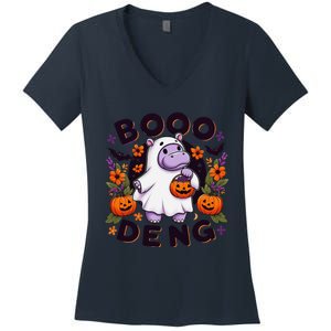 Funny Moo Deng Cute Baby Pygmy Hippo Pig Thai Halloween Women's V-Neck T-Shirt