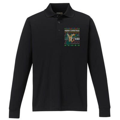 Flying Mallard Duck Merry Christmas Ugly Xmas Design Gift Performance Long Sleeve Polo