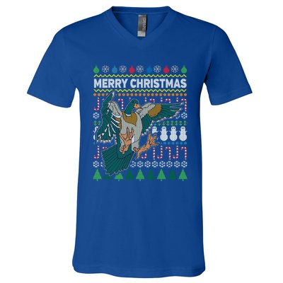 Flying Mallard Duck Merry Christmas Ugly Xmas Design Gift V-Neck T-Shirt