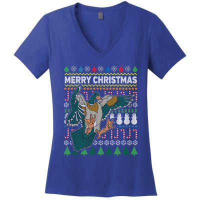 Flying Mallard Duck Merry Christmas Ugly Xmas Design Gift Women's V-Neck T-Shirt