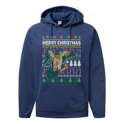 Flying Mallard Duck Merry Christmas Ugly Xmas Design Gift Performance Fleece Hoodie