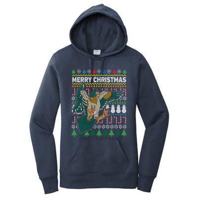 Flying Mallard Duck Merry Christmas Ugly Xmas Design Gift Women's Pullover Hoodie