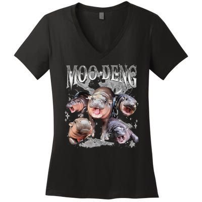 Funny Moo Deng Baby Pygmy Hippo Cute Zoo For Family Women's V-Neck T-Shirt