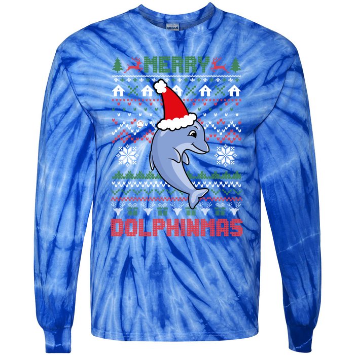 Funny Merry Dolphintmas Ugly Christmas Dolphin Santa Gift Tie-Dye Long Sleeve Shirt