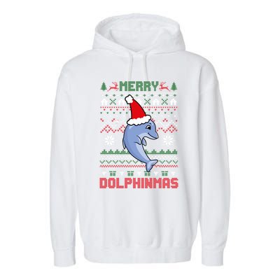 Funny Merry Dolphintmas Ugly Christmas Dolphin Santa Gift Garment-Dyed Fleece Hoodie