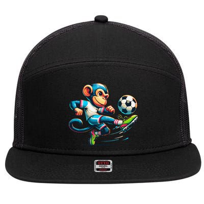 Funny Monkey Design Monkey Playing Soccer 7 Panel Mesh Trucker Snapback Hat