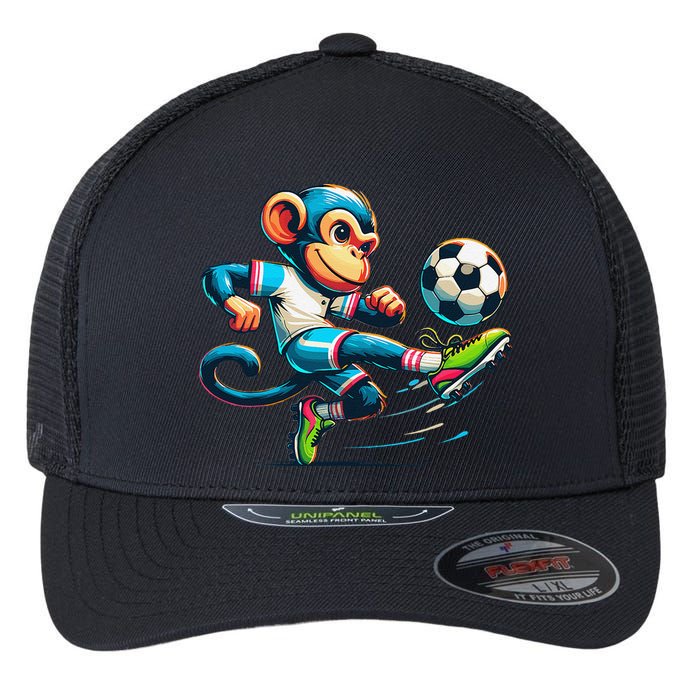 Funny Monkey Design Monkey Playing Soccer Flexfit Unipanel Trucker Cap