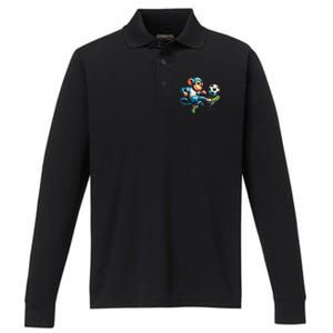 Funny Monkey Design Monkey Playing Soccer Performance Long Sleeve Polo