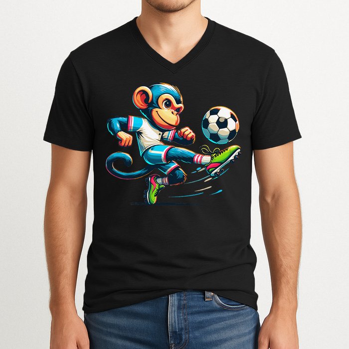 Funny Monkey Design Monkey Playing Soccer V-Neck T-Shirt