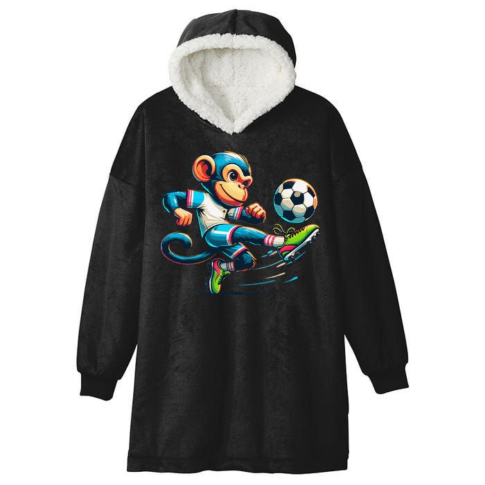 Funny Monkey Design Monkey Playing Soccer Hooded Wearable Blanket