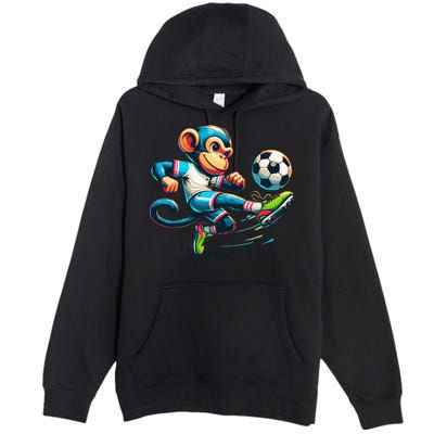 Funny Monkey Design Monkey Playing Soccer Premium Pullover Hoodie