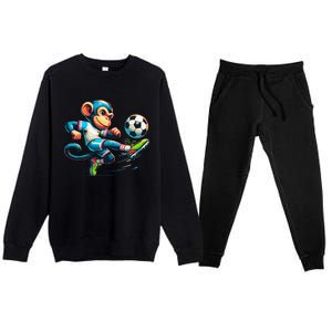 Funny Monkey Design Monkey Playing Soccer Premium Crewneck Sweatsuit Set