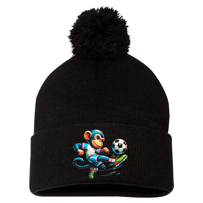 Funny Monkey Design Monkey Playing Soccer Pom Pom 12in Knit Beanie