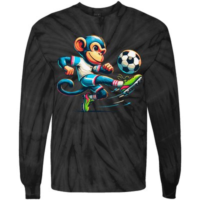 Funny Monkey Design Monkey Playing Soccer Tie-Dye Long Sleeve Shirt