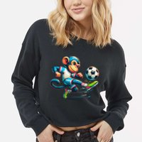 Funny Monkey Design Monkey Playing Soccer Cropped Pullover Crew