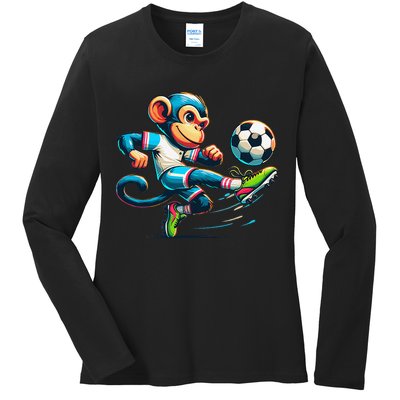 Funny Monkey Design Monkey Playing Soccer Ladies Long Sleeve Shirt