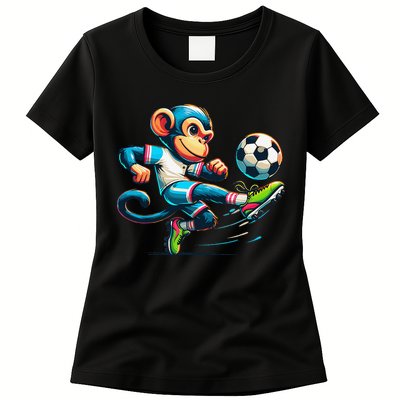 Funny Monkey Design Monkey Playing Soccer Womens T-Shirt