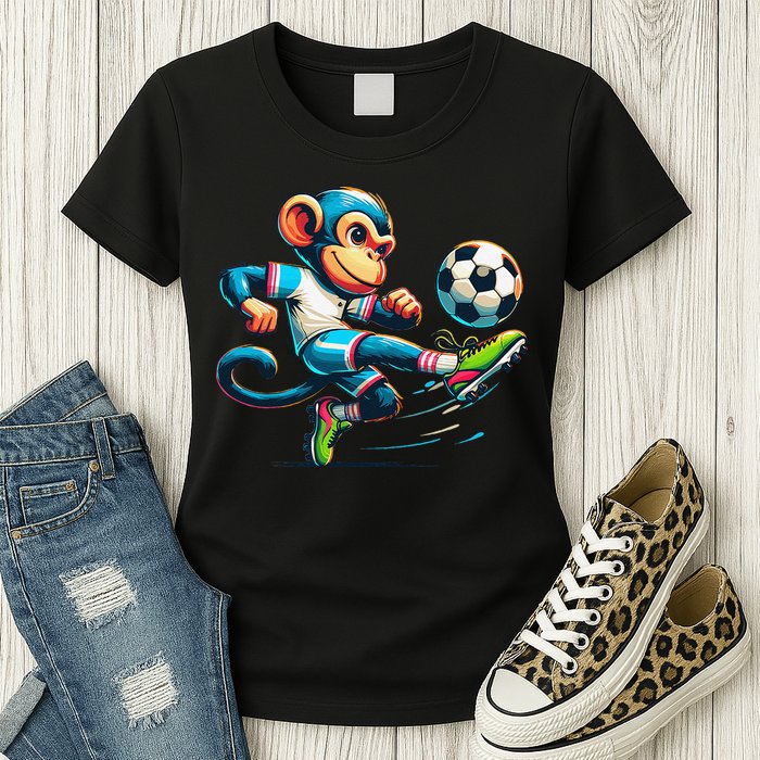 Funny Monkey Design Monkey Playing Soccer Womens T-Shirt