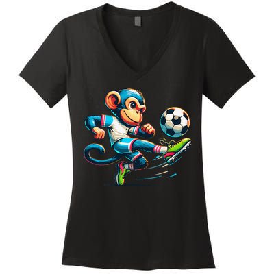 Funny Monkey Design Monkey Playing Soccer Women's V-Neck T-Shirt