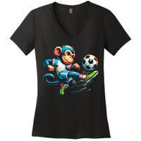 Funny Monkey Design Monkey Playing Soccer Women's V-Neck T-Shirt
