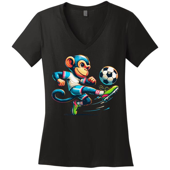 Funny Monkey Design Monkey Playing Soccer Women's V-Neck T-Shirt