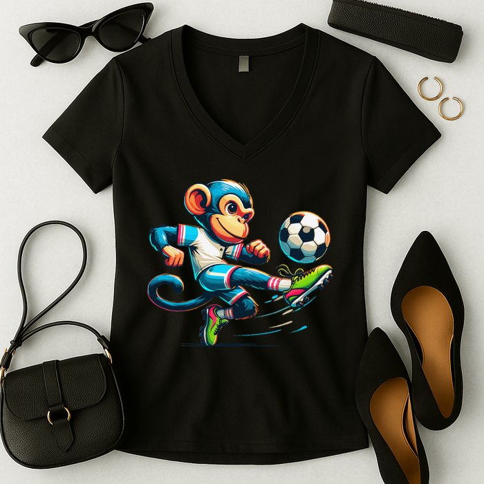 Funny Monkey Design Monkey Playing Soccer Women's V-Neck T-Shirt