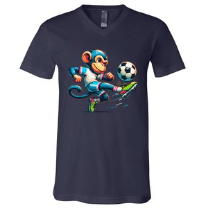 Funny Monkey Design Monkey Playing Soccer V-Neck T-Shirt