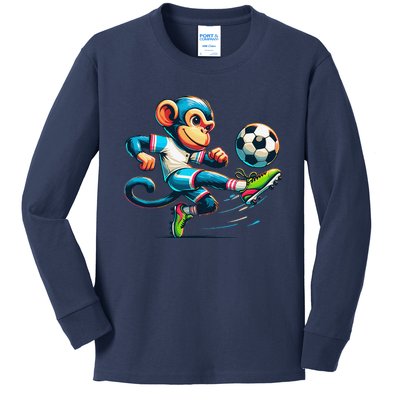 Funny Monkey Design Monkey Playing Soccer Kids Long Sleeve Shirt