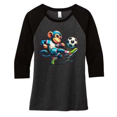 Funny Monkey Design Monkey Playing Soccer Women's Tri-Blend 3/4-Sleeve Raglan Shirt