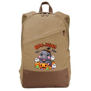 Funny Moo Deng Baby Pygmy Hippo Bouncy Pig In Thai Halloween Cotton Canvas Backpack