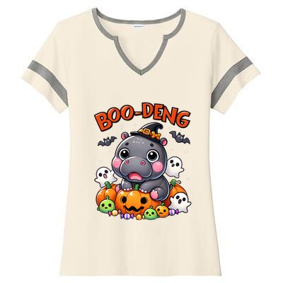 Funny Moo Deng Baby Pygmy Hippo Bouncy Pig In Thai Halloween Ladies Halftime Notch Neck Tee