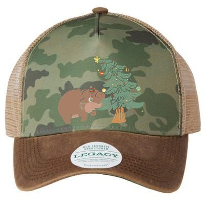 Funny Moo Deng Biting Xmas Tree Baby Pygmy Hippo Christmas Legacy Tie Dye Trucker Hat