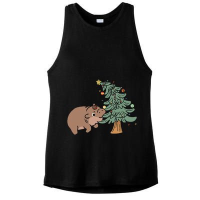 Funny Moo Deng Biting Xmas Tree Baby Pygmy Hippo Christmas Ladies PosiCharge Tri-Blend Wicking Tank
