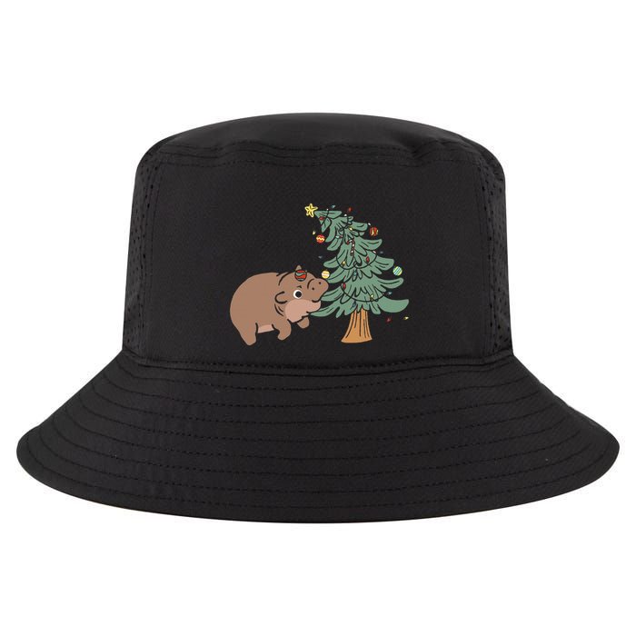 Funny Moo Deng Biting Xmas Tree Baby Pygmy Hippo Christmas Cool Comfort Performance Bucket Hat