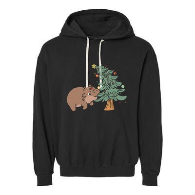 Funny Moo Deng Biting Xmas Tree Baby Pygmy Hippo Christmas Garment-Dyed Fleece Hoodie