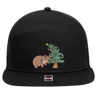 Funny Moo Deng Biting Xmas Tree Baby Pygmy Hippo Christmas 7 Panel Mesh Trucker Snapback Hat