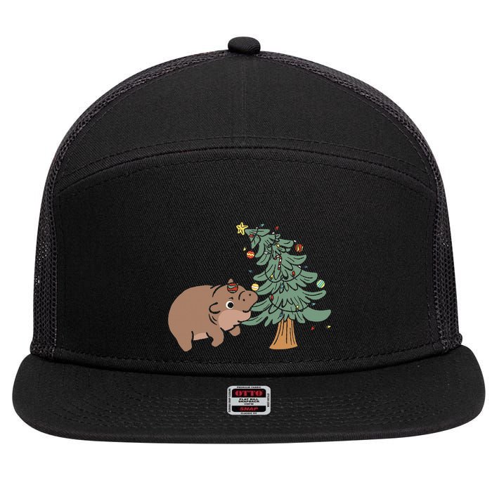 Funny Moo Deng Biting Xmas Tree Baby Pygmy Hippo Christmas 7 Panel Mesh Trucker Snapback Hat