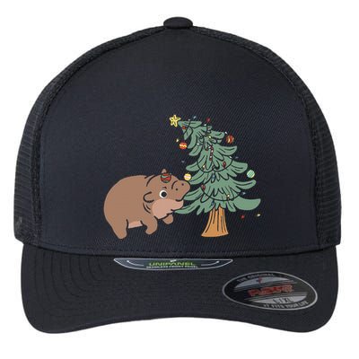 Funny Moo Deng Biting Xmas Tree Baby Pygmy Hippo Christmas Flexfit Unipanel Trucker Cap