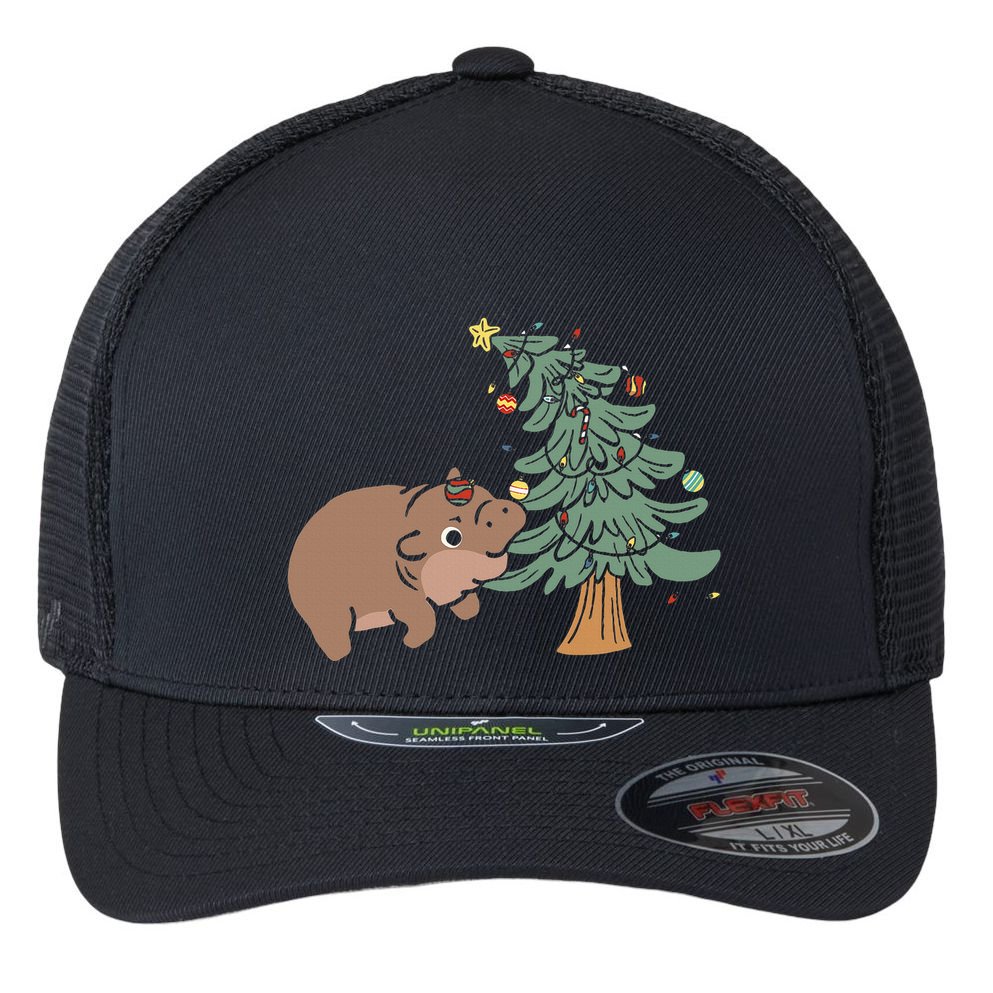 Funny Moo Deng Biting Xmas Tree Baby Pygmy Hippo Christmas Flexfit Unipanel Trucker Cap