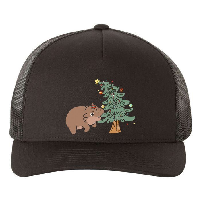 Funny Moo Deng Biting Xmas Tree Baby Pygmy Hippo Christmas Yupoong Adult 5-Panel Trucker Hat