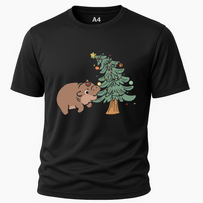 Funny Moo Deng Biting Xmas Tree Baby Pygmy Hippo Christmas Performance Shirt