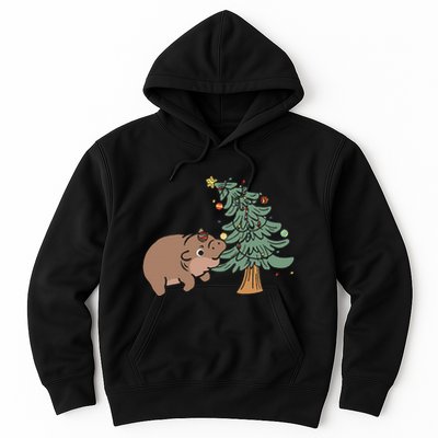 Funny Moo Deng Biting Xmas Tree Baby Pygmy Hippo Christmas Hoodie
