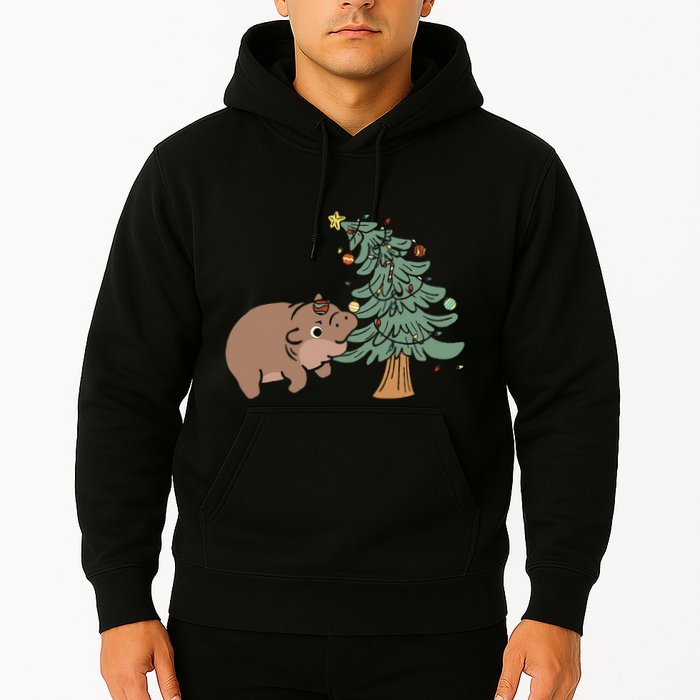 Funny Moo Deng Biting Xmas Tree Baby Pygmy Hippo Christmas Hoodie