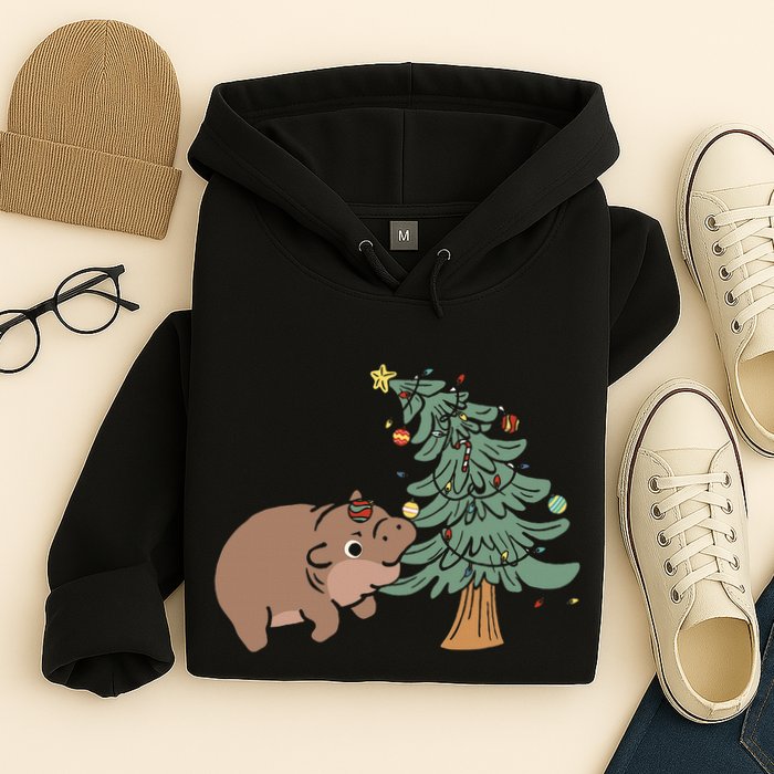 Funny Moo Deng Biting Xmas Tree Baby Pygmy Hippo Christmas Hoodie
